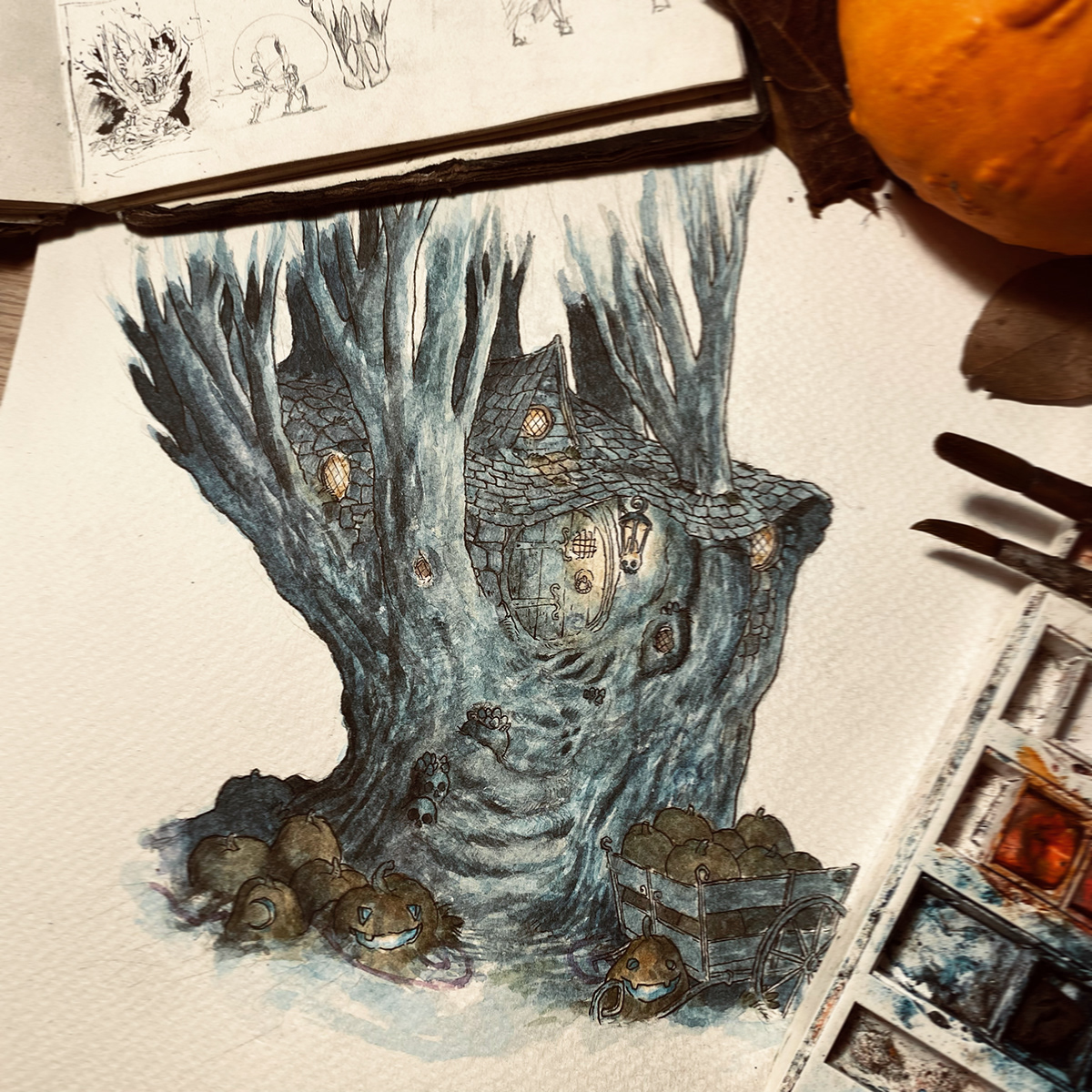 dark fantasy Halloween horror Magic   painting   spooky Tree  watercolor witch
