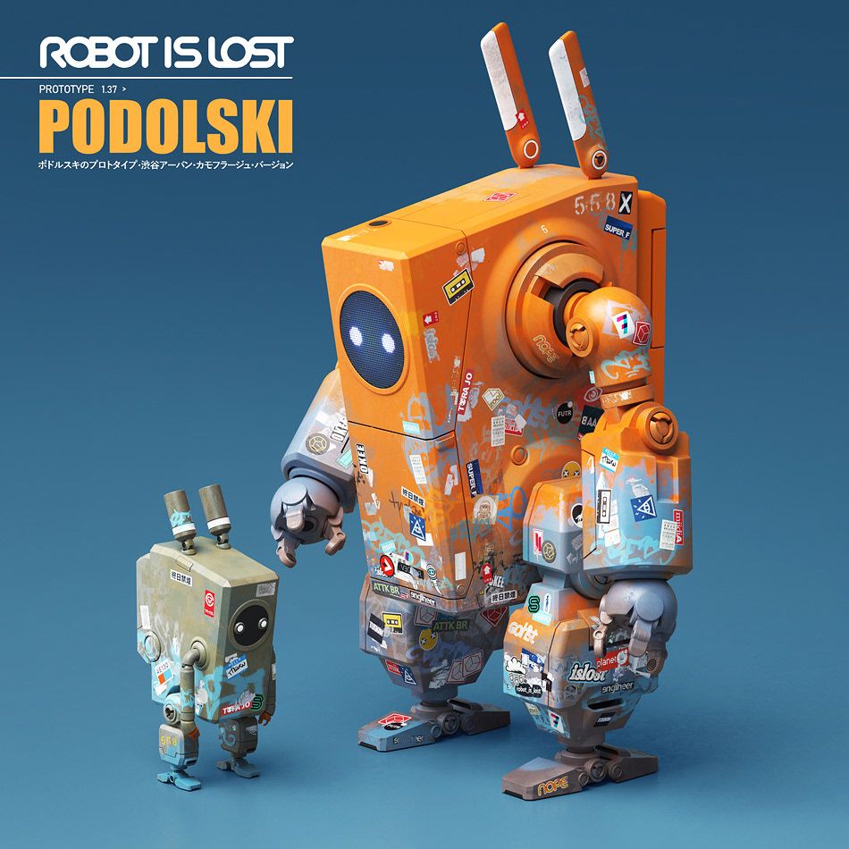 robot is lost orange podolski urban camo mecha designer Art Toy by Malcolm Tween with Tora Kun robot