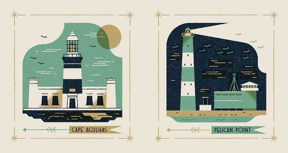 lighthouse Coast Ocean map icons vector texture print poster africa muti graphic lettering flag vintage