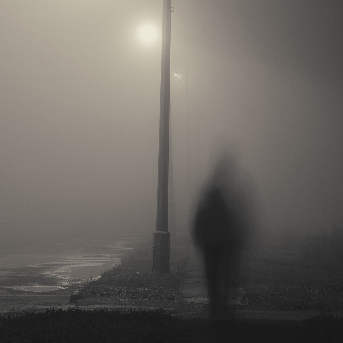 fog man alone road lantern summer