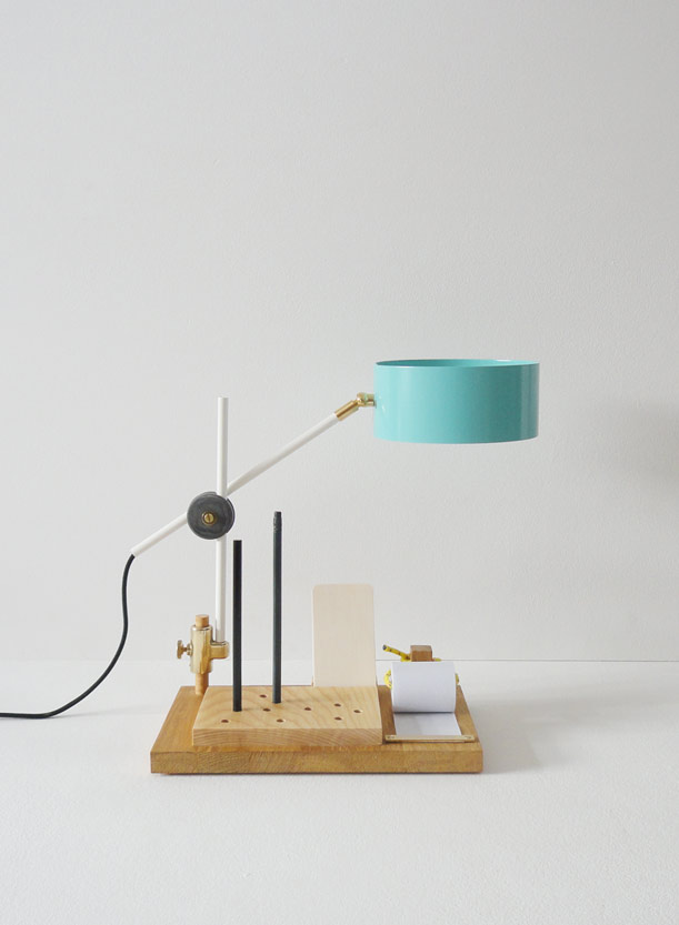 Lamp desklamp  office  light  design oak  blue steel  craftmanschip  simple  minimalistic  functional  special