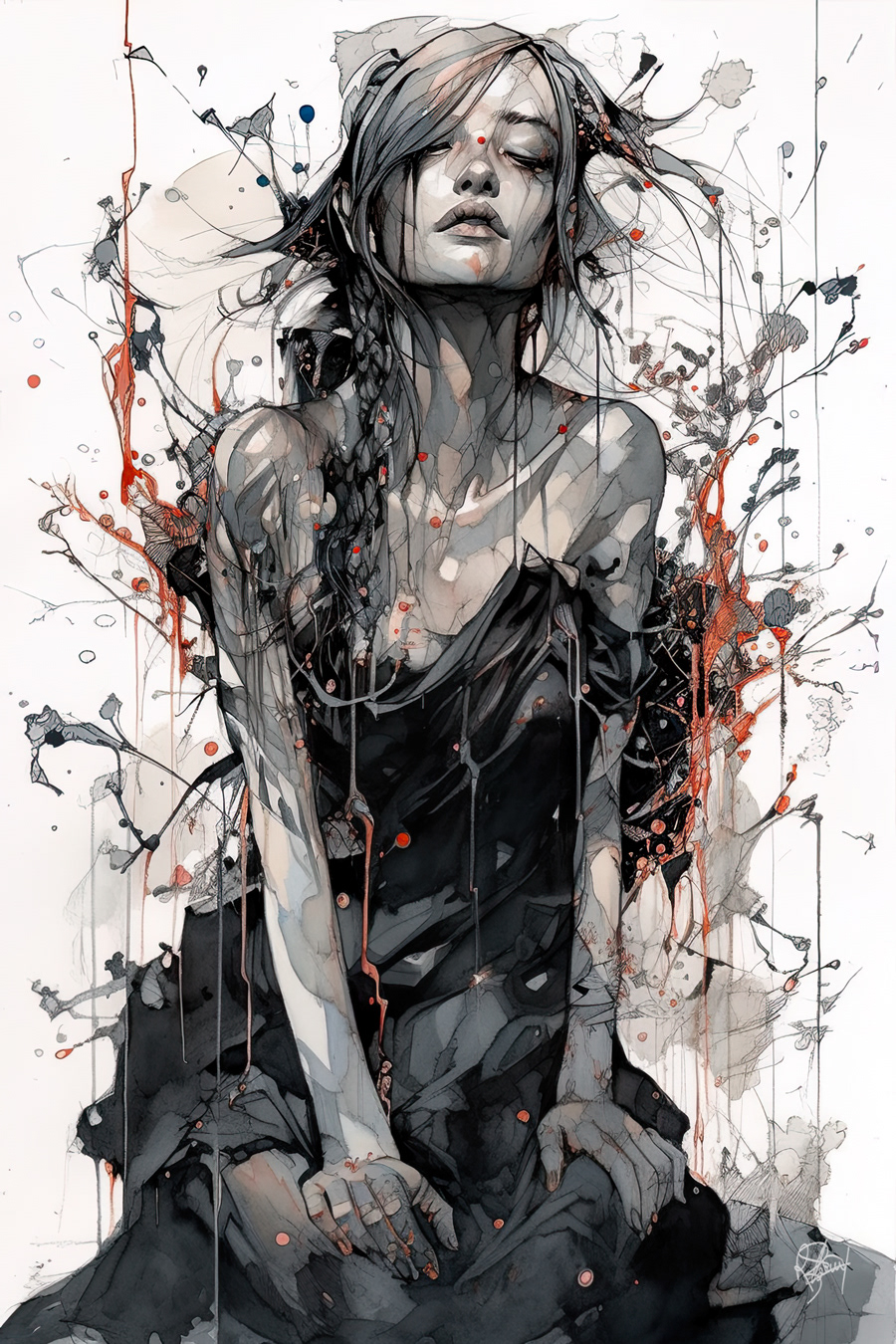 black and white Digital Art  drips girl ink painting   portrait sexy woman