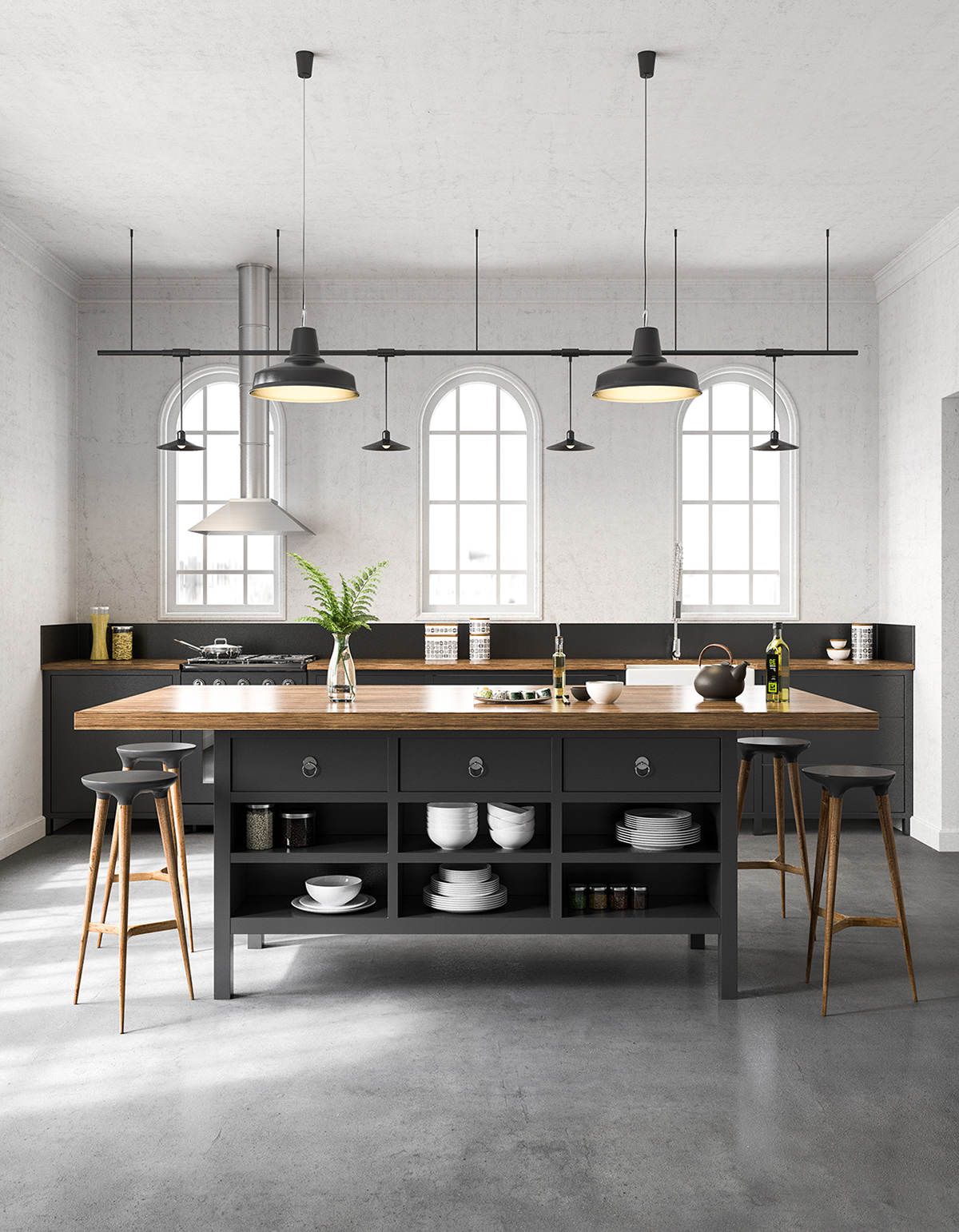 black kitchen industrial modern Interior 3d max vray 3D Visualization CGI architecture