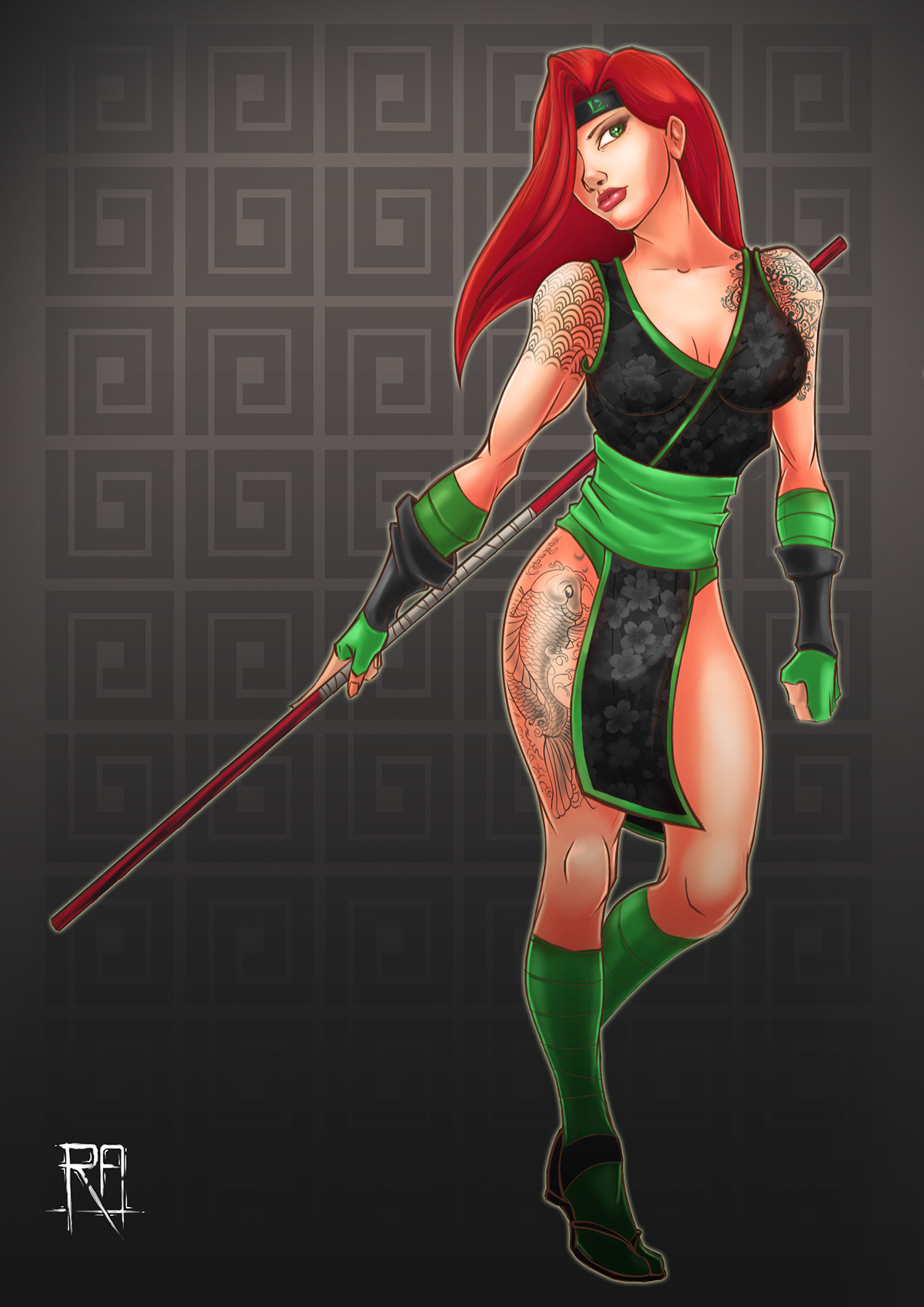 Character woman samurai ninja girl red kung fu