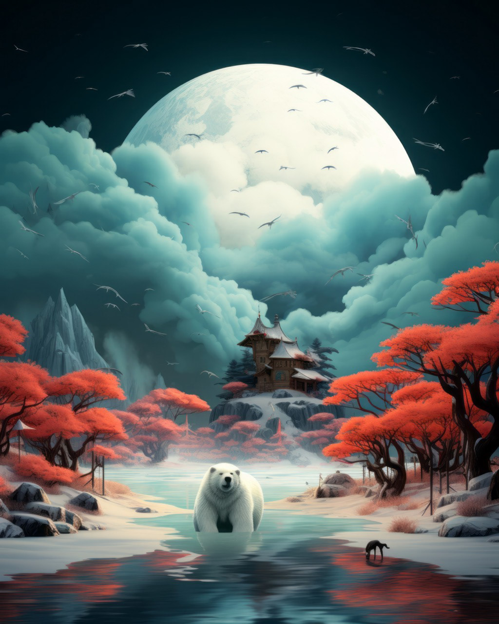 ILLUSTRATION  celestial Nature forest animals colorful fauna moonlight nighttime nocturne