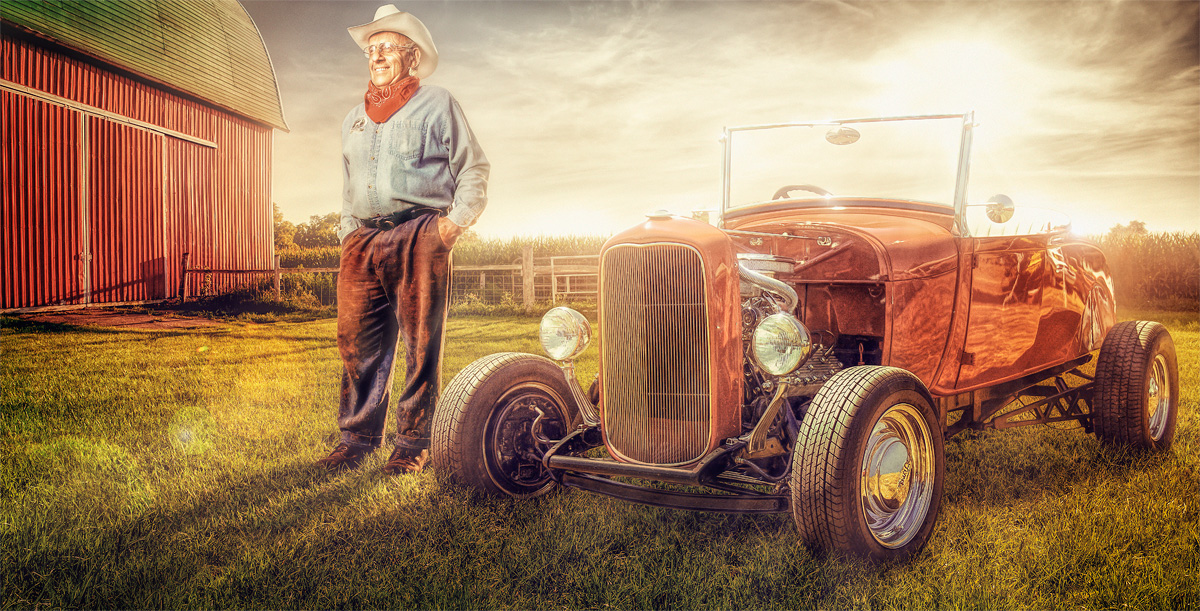 cowboy old man hotrods car Ford red Landscape grass SKY HDR Sun postproduction compositing PS photoshop