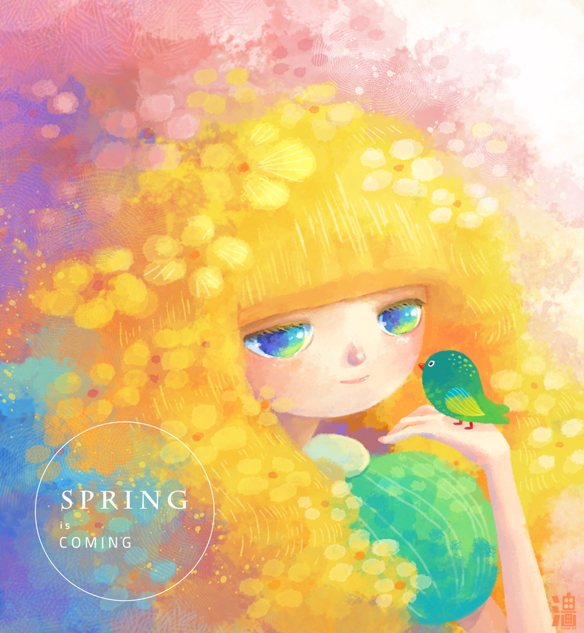 spring girl bird cute colorful
