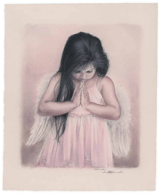 angel kid child girl wings rose beige Pastels paper pencil graphics Portret tenderness Love happyness