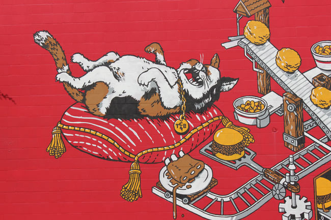 Isometric Mural BBQ barbecue sandwich Food  chicken Cat fat restaurant san francisco SF machine Rube Goldberg