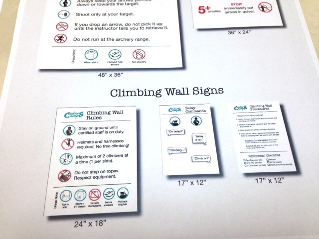 Signage activity Archery water slide climbing wall metal Posted poster directions rules procedures equipment safety