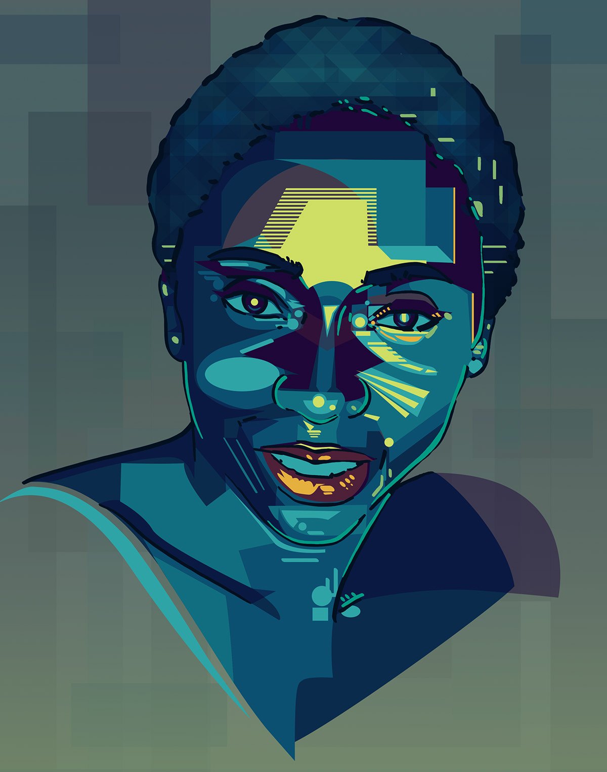 art blue color digital Drawing  green portrait shape woman