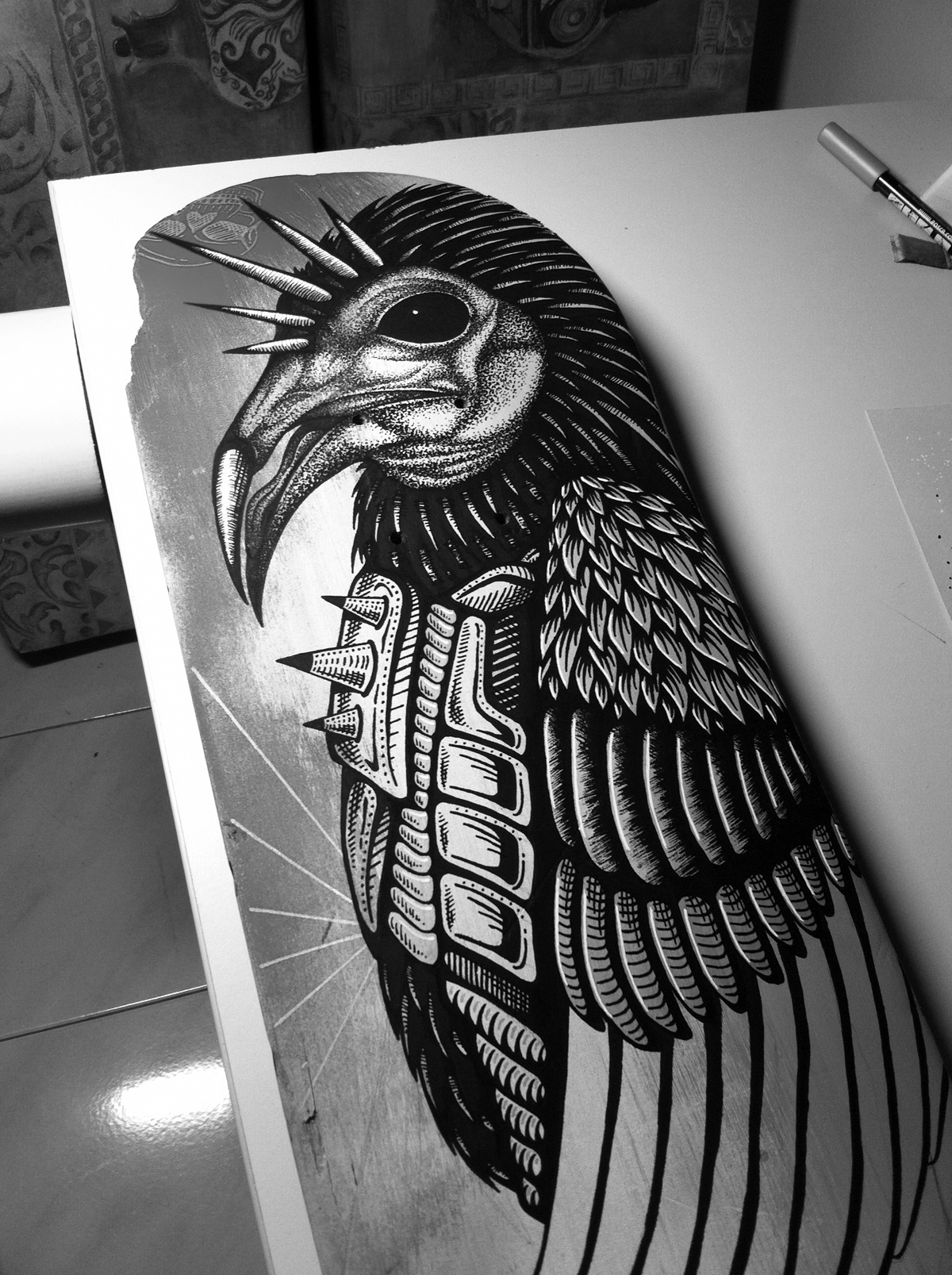 skateboard 7ply ILLUSTRATION  Drawing  bird mutant darkness happiness ink Urban