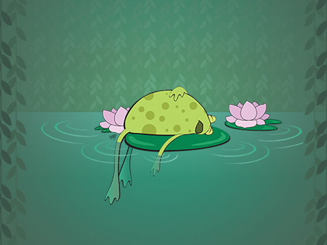 Cute, Funny Cartoon Art of a Lazy Frog Taking a Nap on a Lilypad by Ellie.