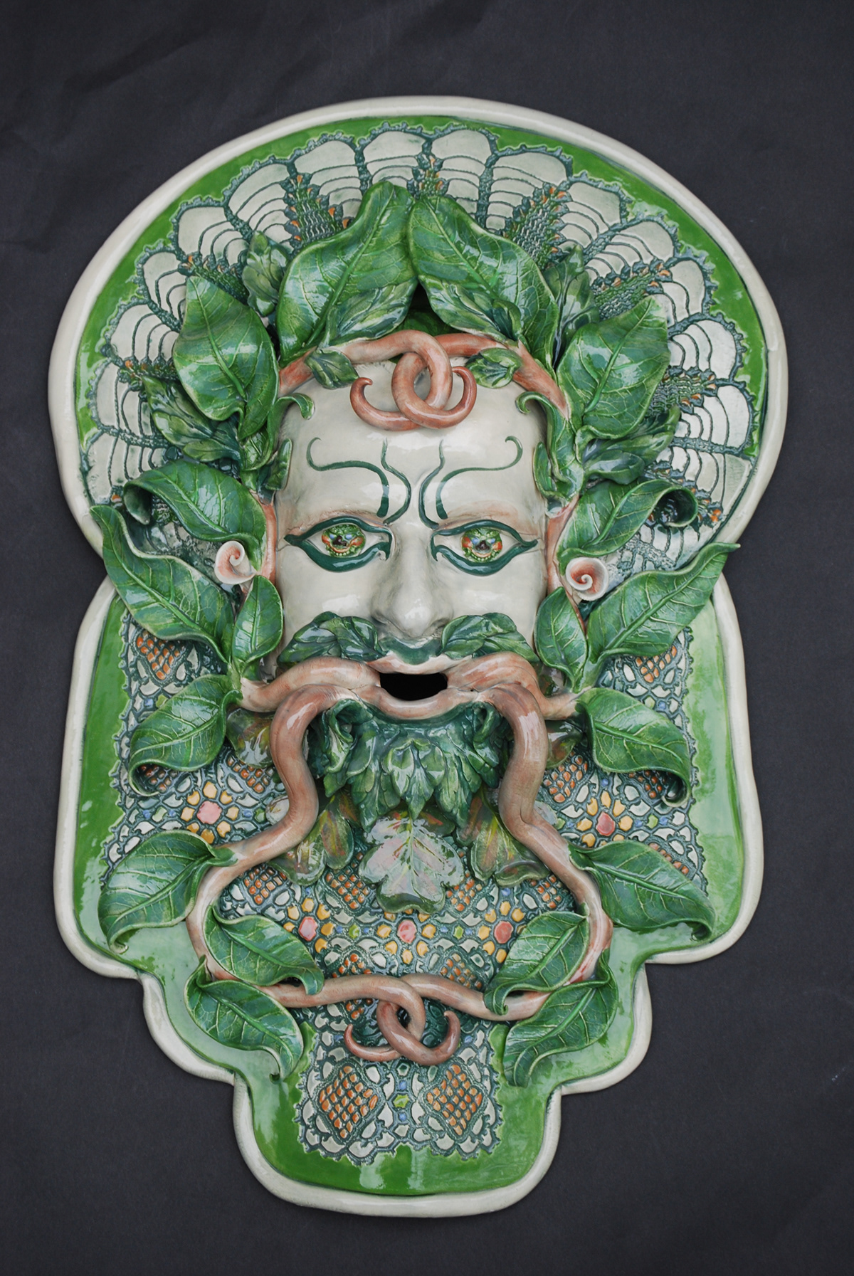 ceramic  masks jillian barber barber  jillian shigeru rahula  Tibetan green man fountain