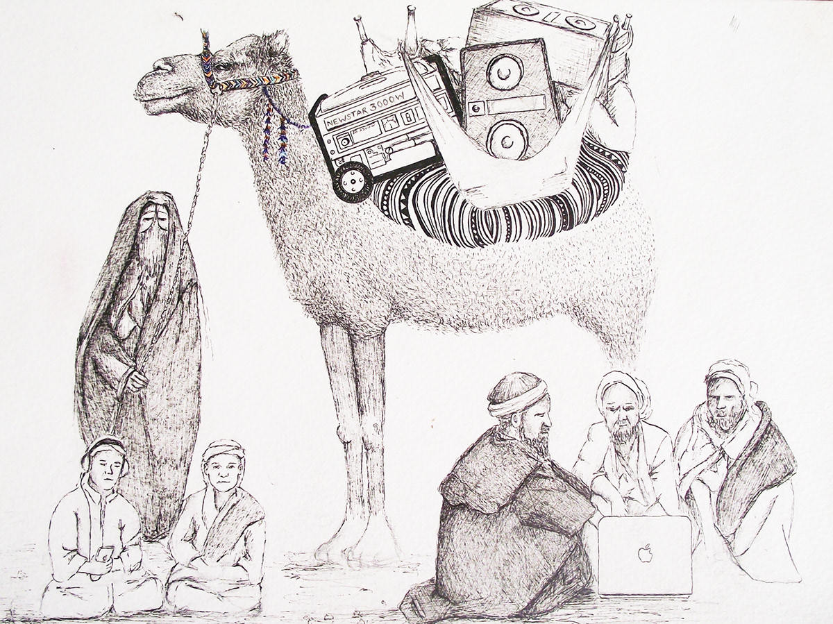 pen ink bedouins egypt revolution animals detailed editorial line texture donkey