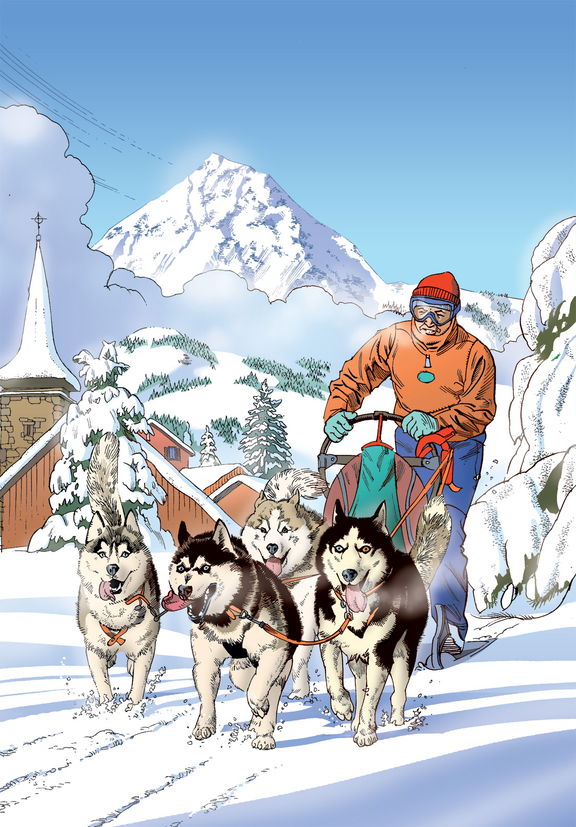 editorial magazines snow huskies Landscape ILLUSTRATION  line art sledging mountains Winter sports