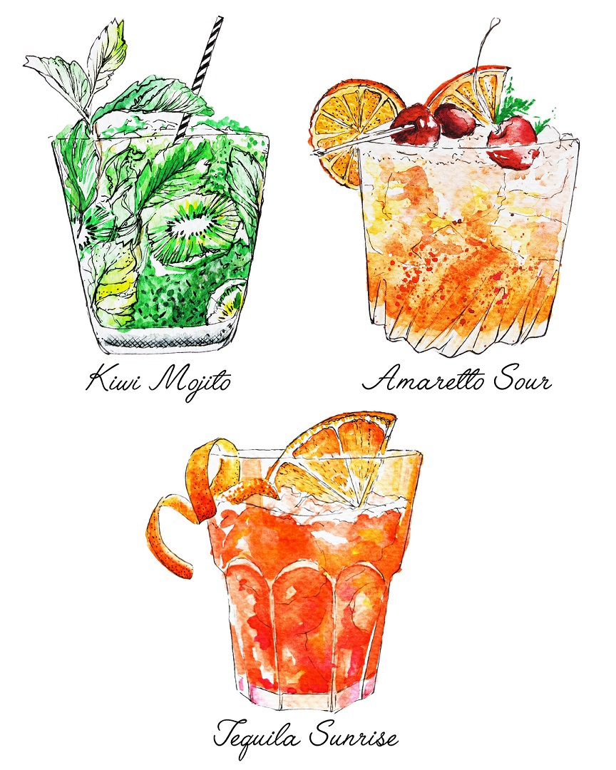 cocktail drinks summer decor watercolor watercolour creative pattern design alcohol bar kitchen art Martini mojito