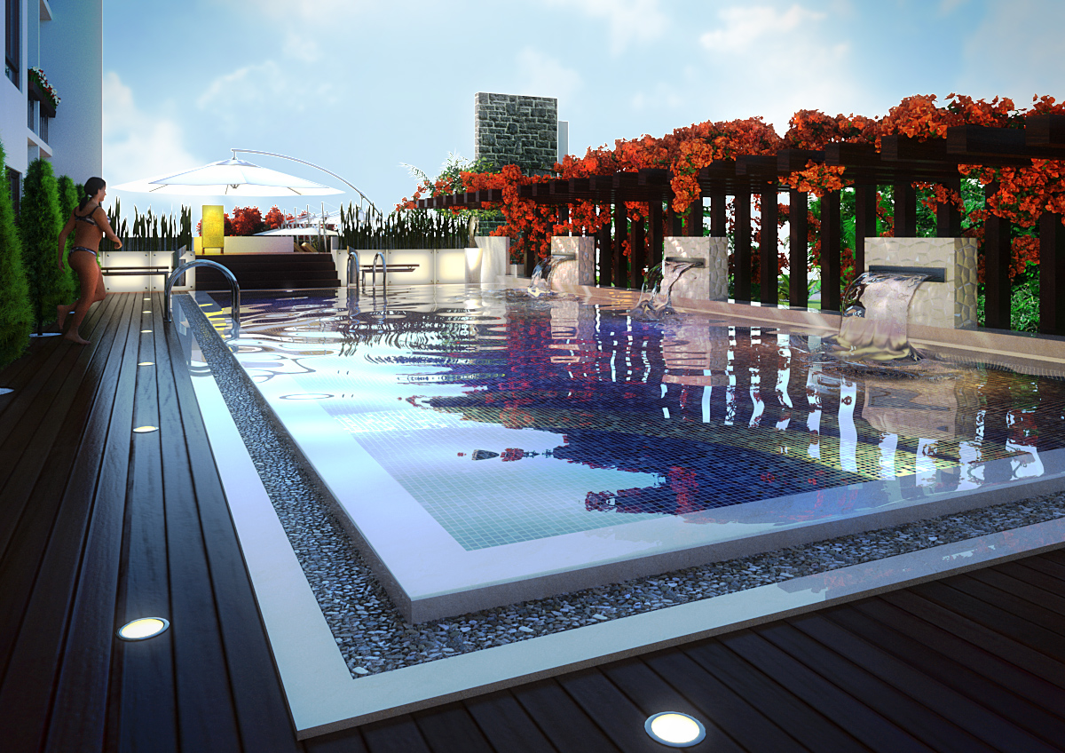 Condo exterior luxury terrace swimming pool roof condominium visualization arch-viz rendering