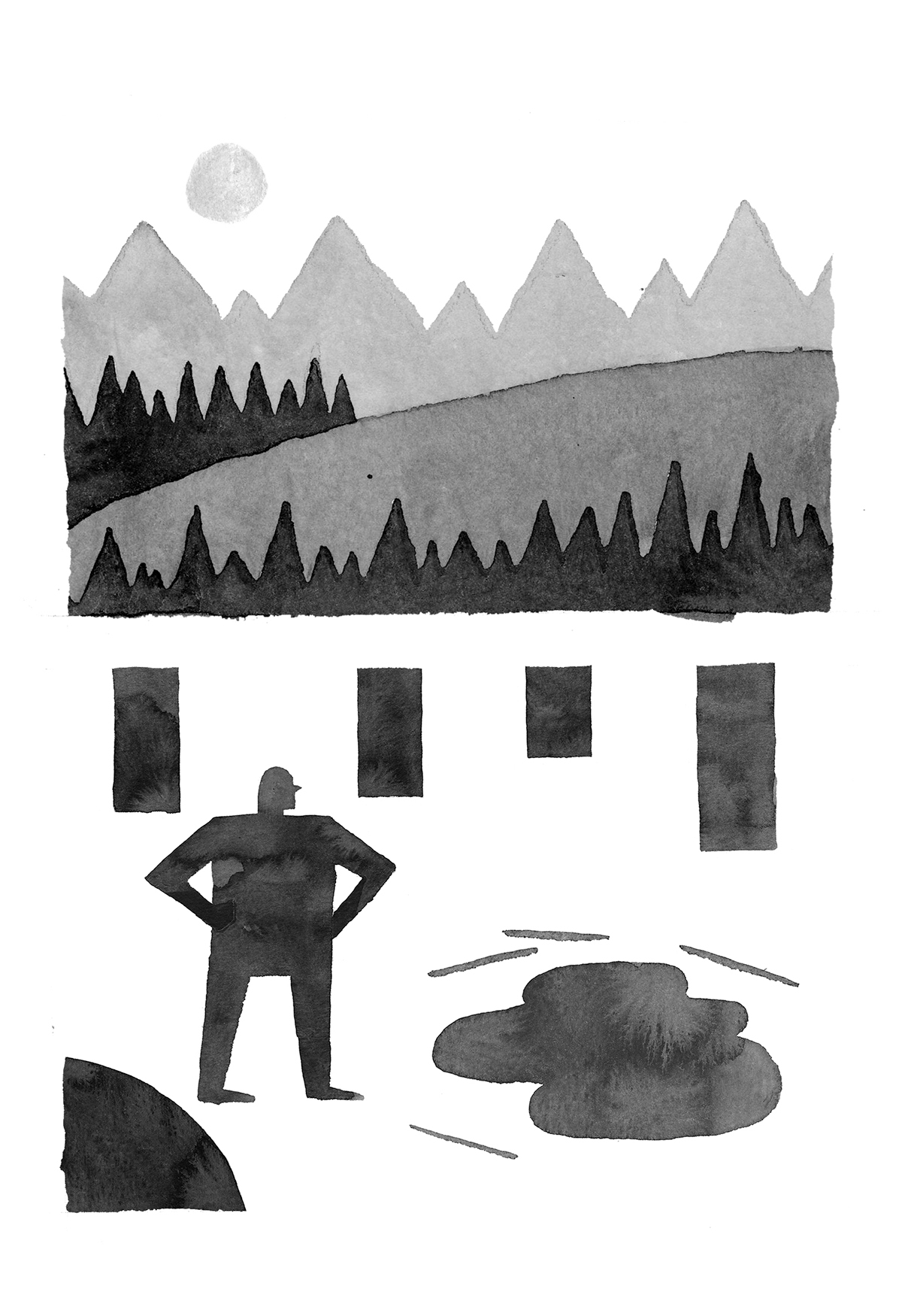 Zine  camping woods wilderness Bigfoot deer cabin tent trees abstract design minimal minimalist ink