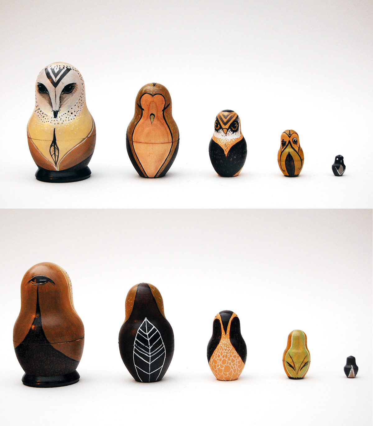 russian owl stacking dolls feathers leaf bird wood nesting