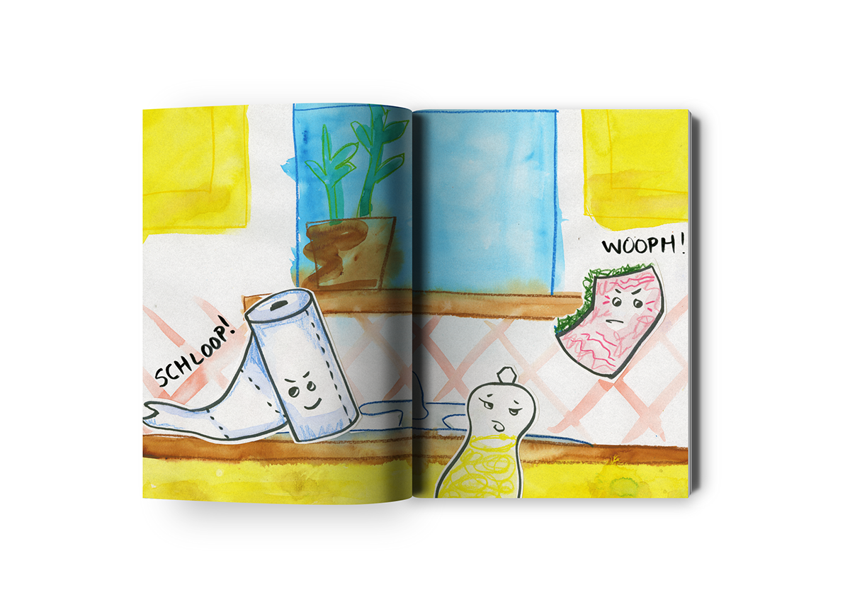 kitchen race children's book watercolor original book Sponge paper towel Kitchen story