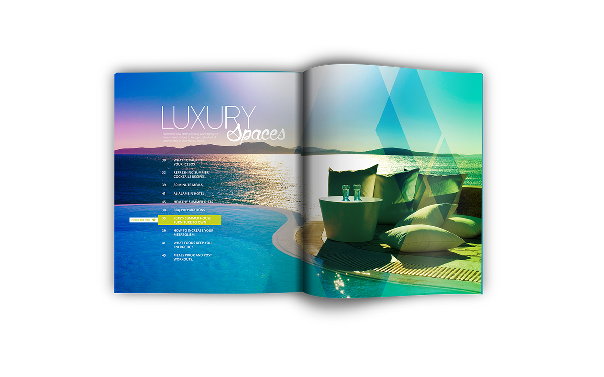 magazine Layout vibrant creative clean geometric shapes lifestyle pages Chapters section colors colorful Emaar White