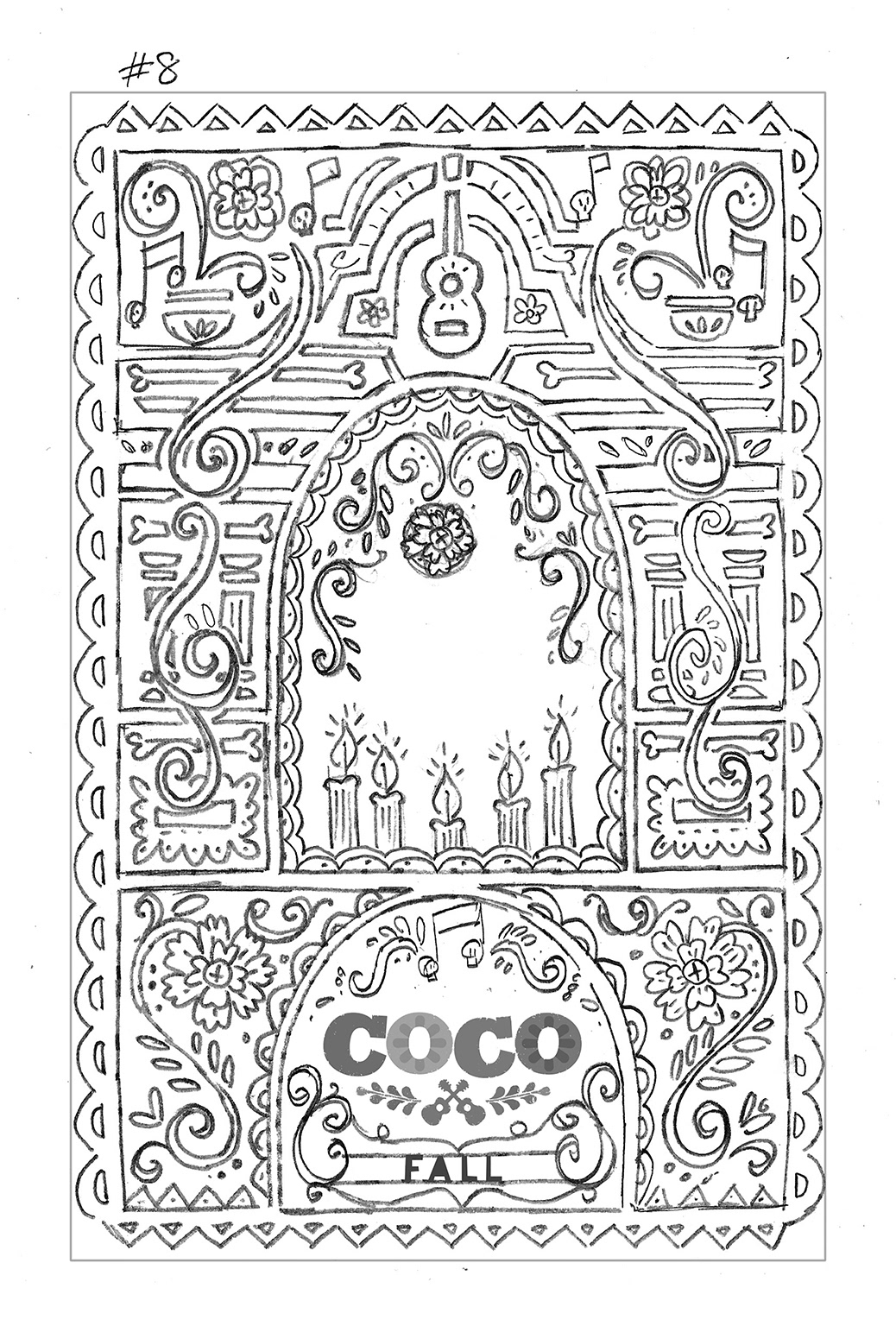 Coco papel picado illustrated Silhouette graphic folk art Mexican ornate guitar skull
