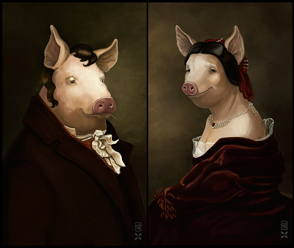pig Retro portrait restaurant Interior patina 2D digital painting animal interior design 