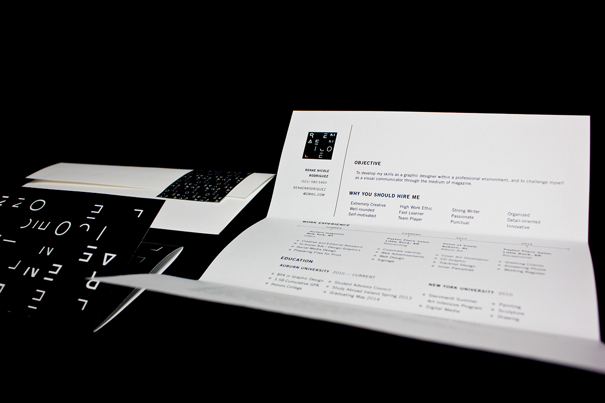 Self-promo Self Promotion self identity identity Stationery Resume letterhead envelope business card fold out logo black and white