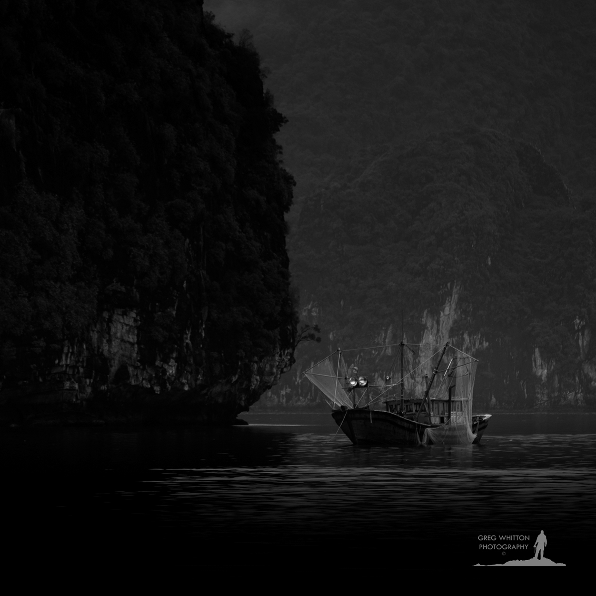 vietnam ha long bay Landscape seascape grain Mono black and white monochrome asia fishing Travel