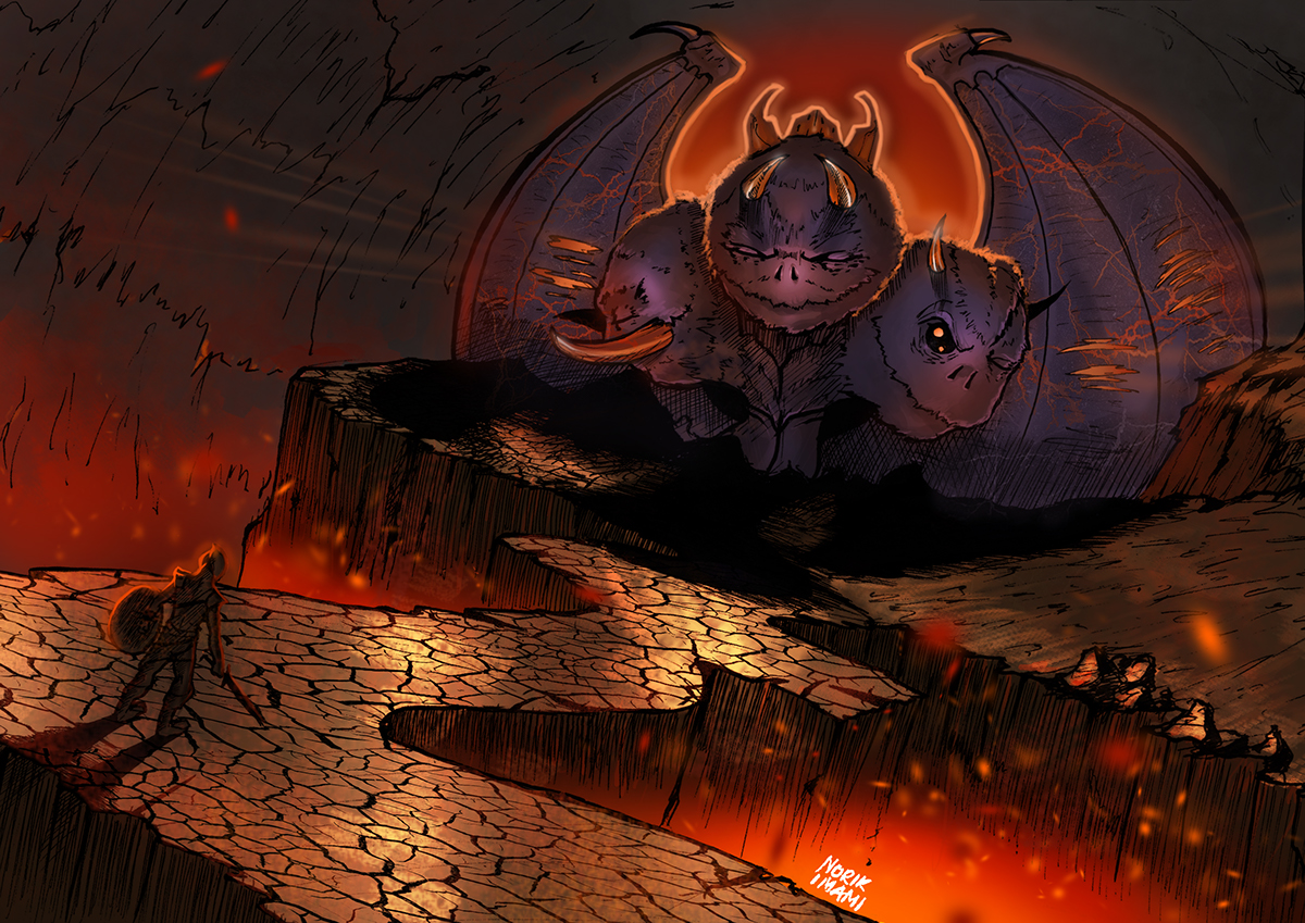 Norik Imami  monster design lava fire dragon embers burning volcano cavern cave tunnel rays adventure
