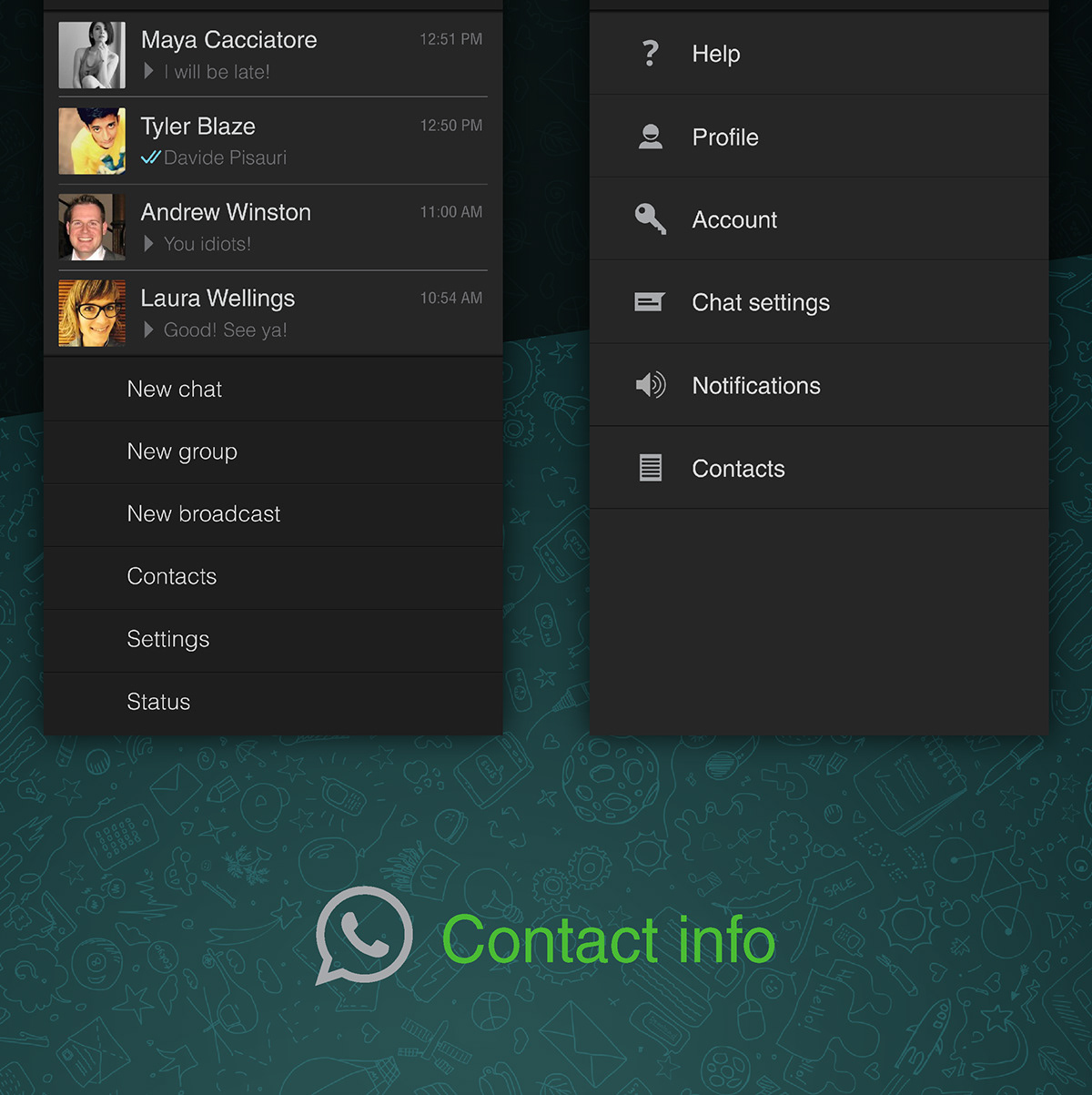 WhatsApp ux UI app android flat ui black green dark ui design UX design user interface redesign mobile iphone