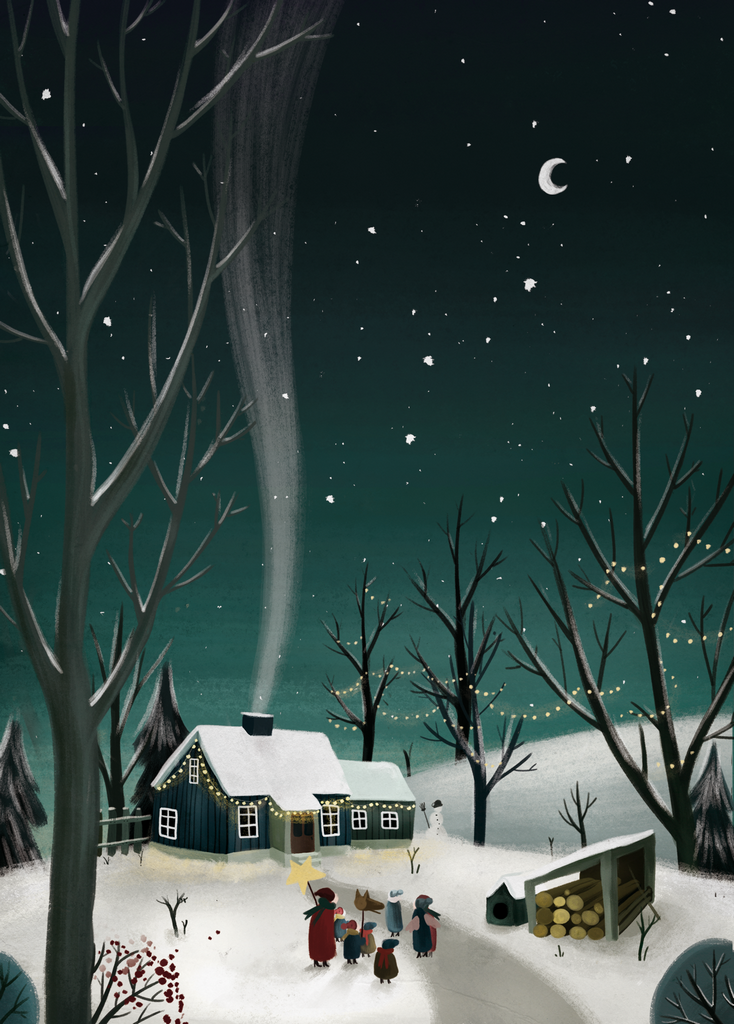 Christmas postcards illustrations night snow winter forest
