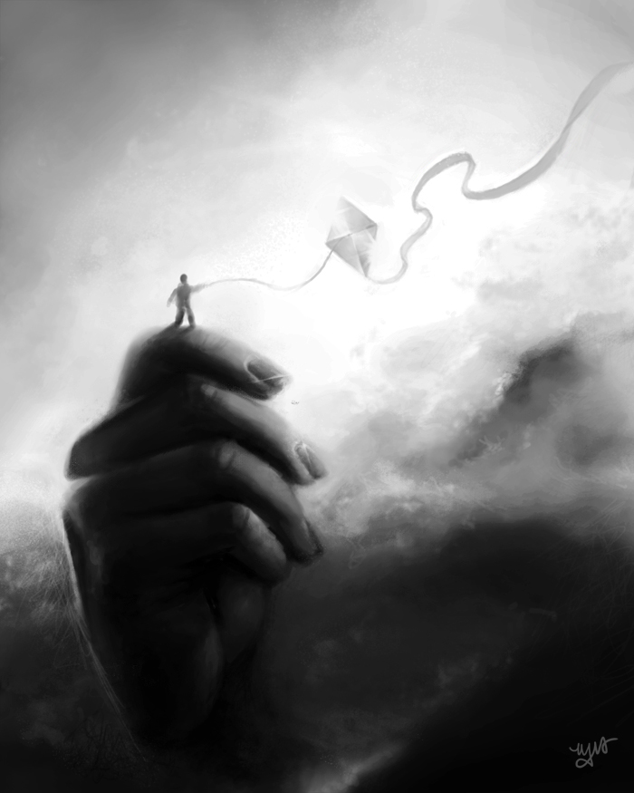 hand black and white Let Go Kite surrealism surreal digital painting