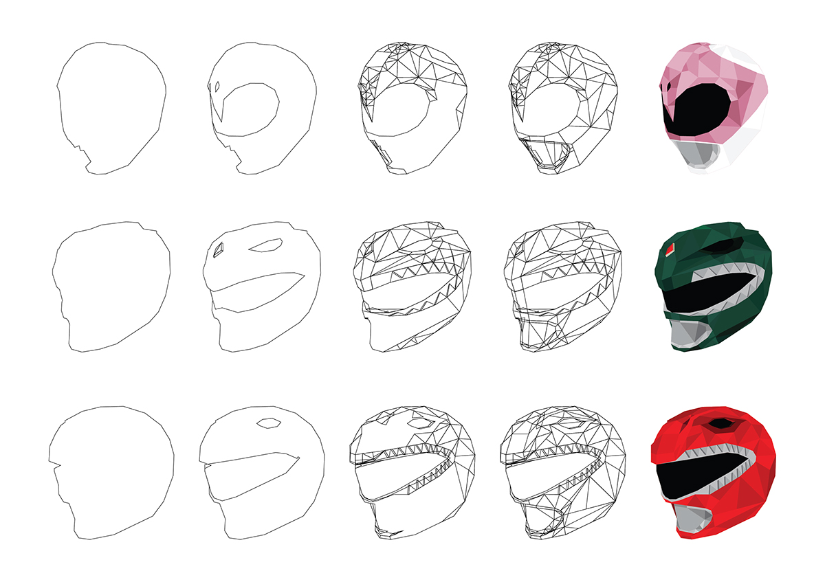 geometric Power Rangers line drawing line red ranger green ranger Pink Ranger geometric drawing shapes saban Low Poly