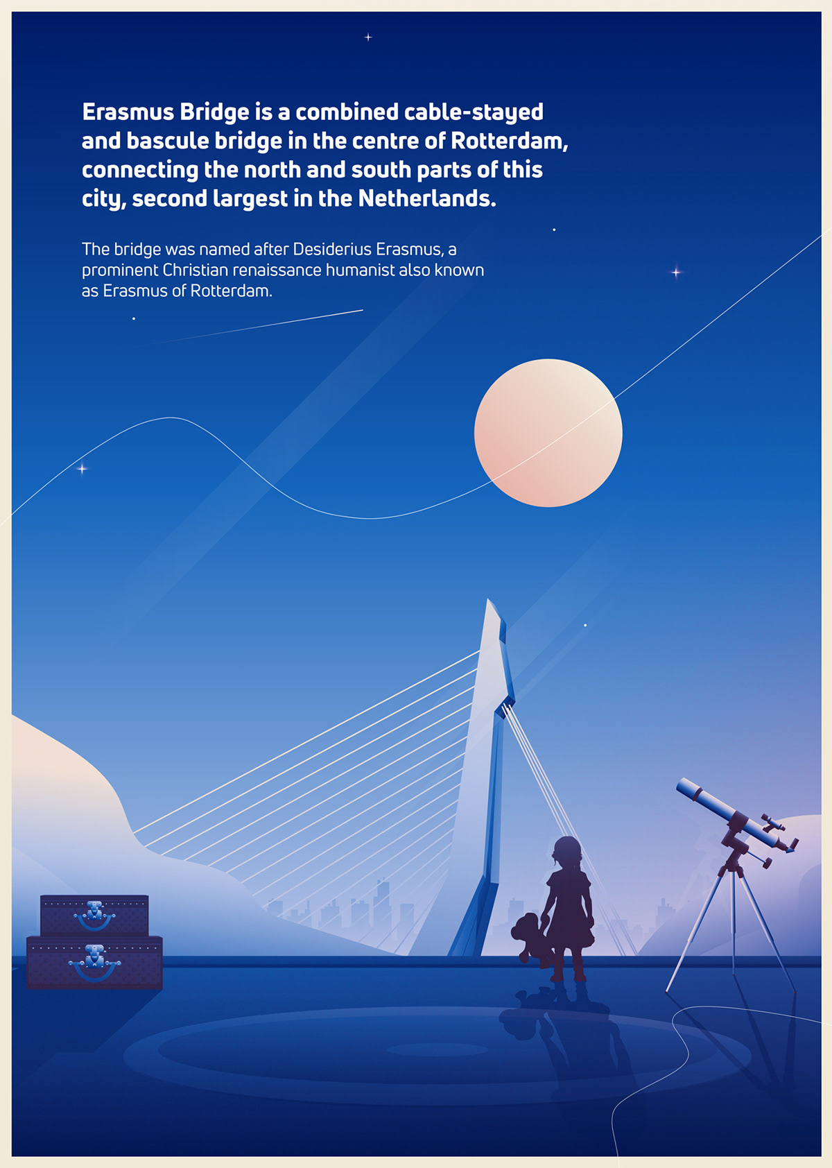 Rotterdam erasmus bridge moon night SKY ILLUSTRATION  vector