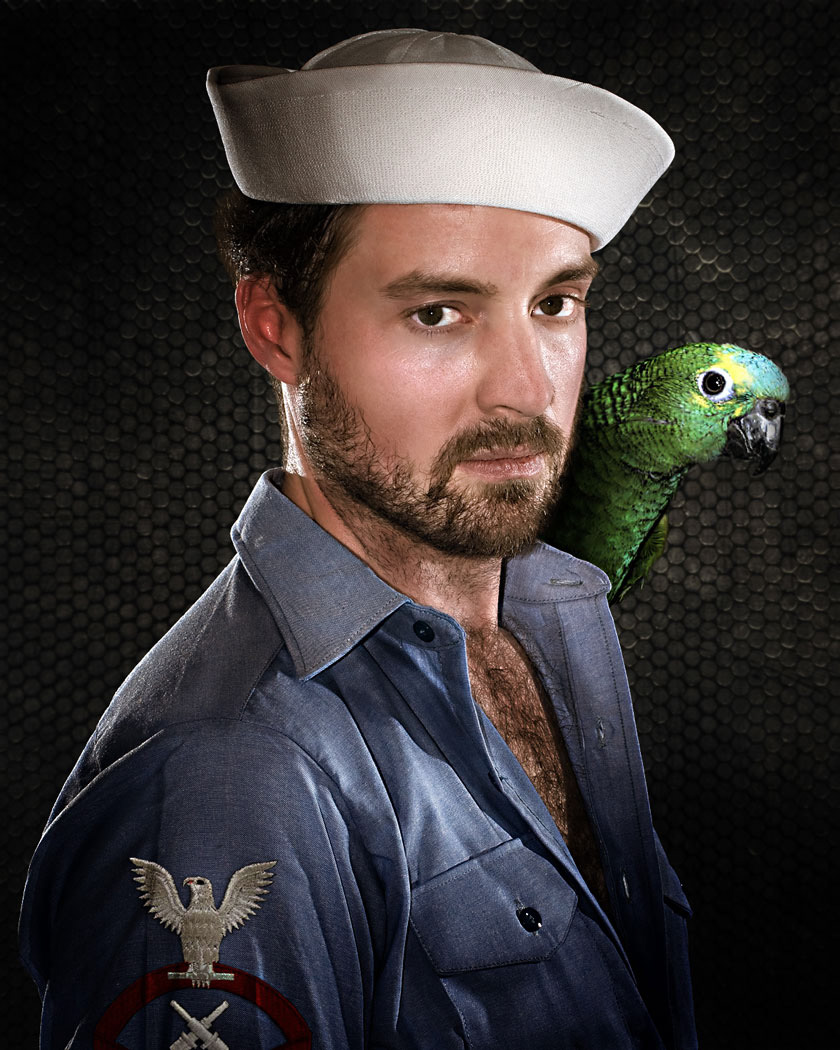 GI joe toys Sailor Shipwreck parrot fiction Cosplay manly chest hair green screen