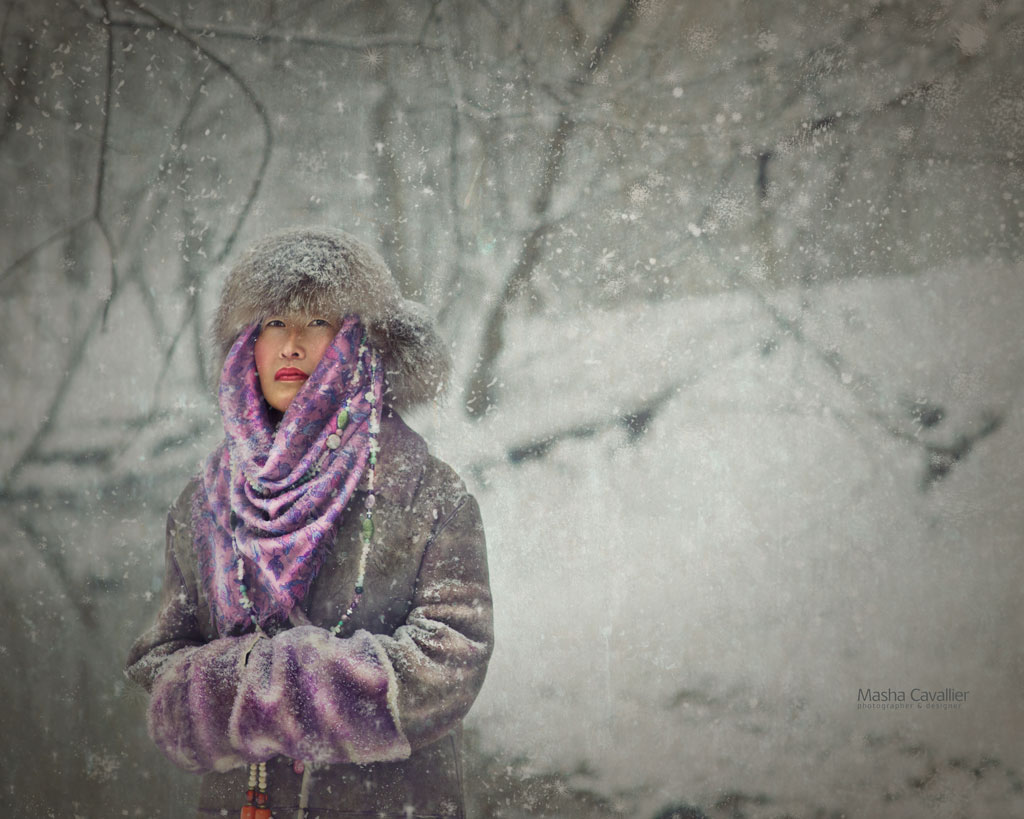 mongolian FAIRY TAIL fantasy forest natur woman snow winter portrait mongolian girl Toronto Masha Cavallier face fur hat