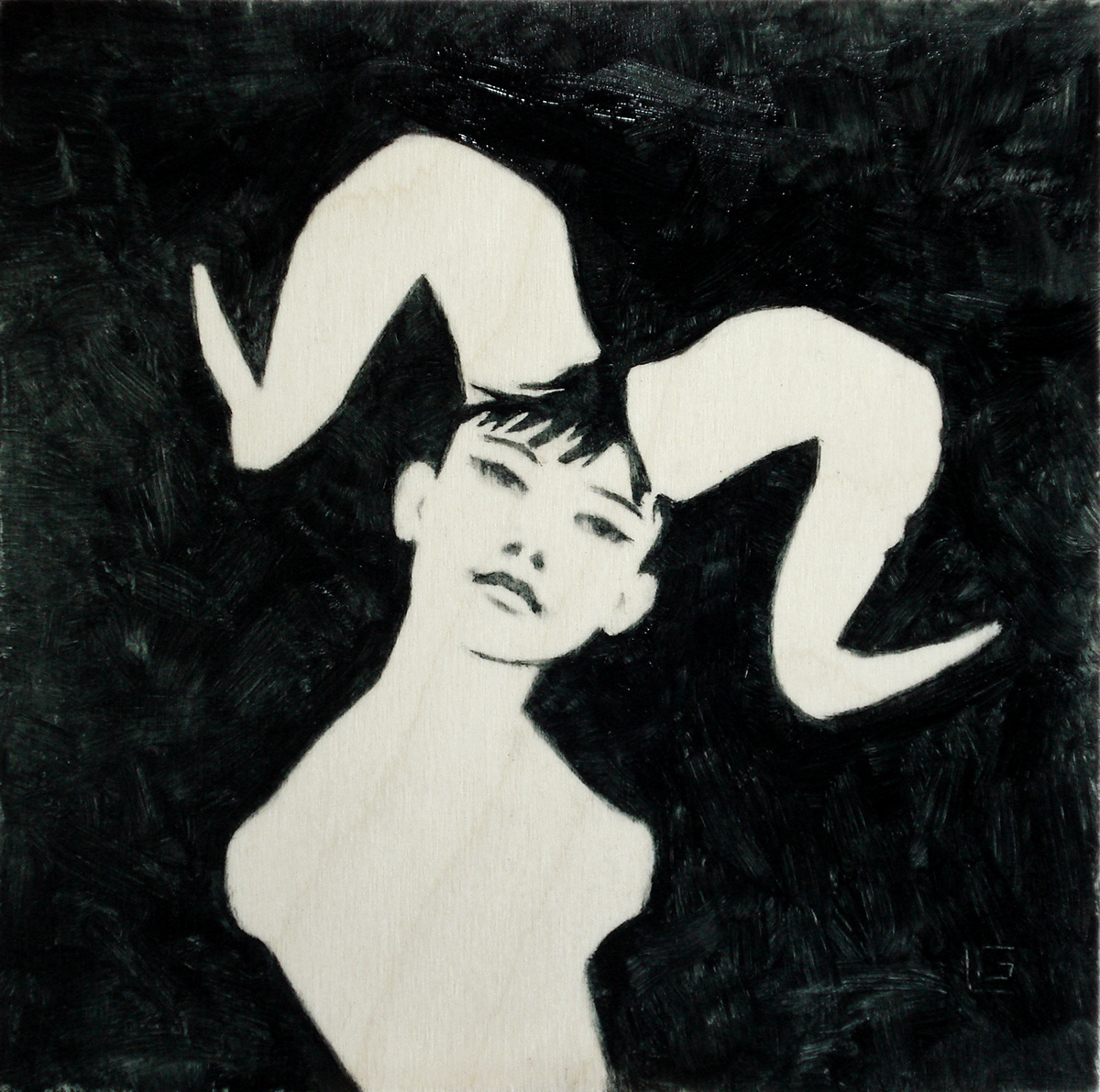 woman  figure  black and White  oil painting  Wood  Horns  fashion