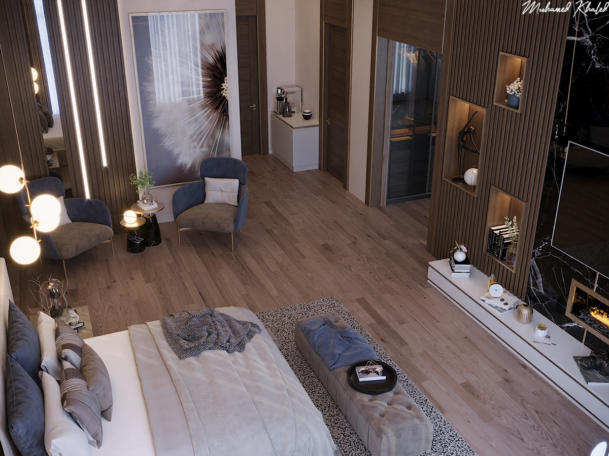 Autodesk bedroom CoronaRender  hidden light marbel modern Nero Marquina  parquet tv wood