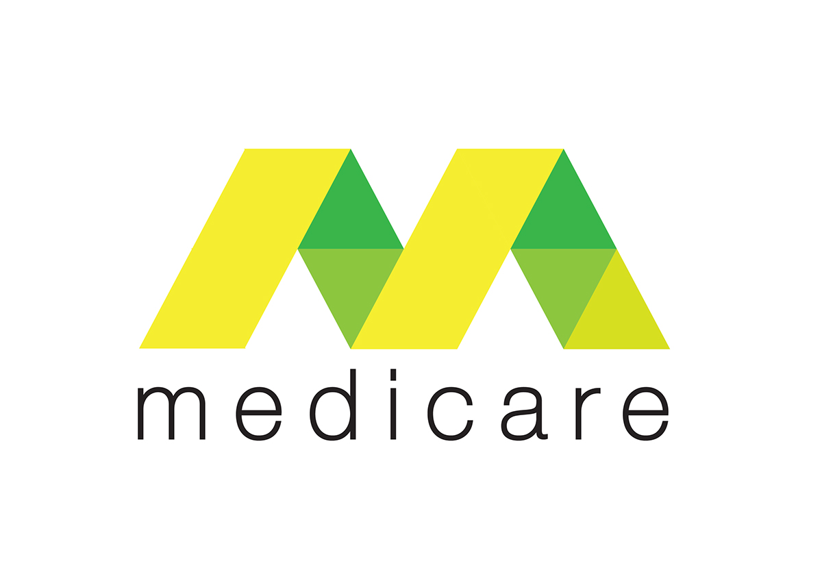 medicare medical brand Rebrand geometric logo pattern businesscard Stationery green yellow Australia shop ShopFront poster