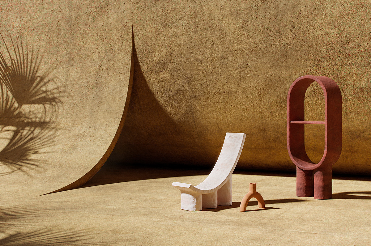 interior design  Minimalism furniture art concrete geometric shapes abstract 3D CGI