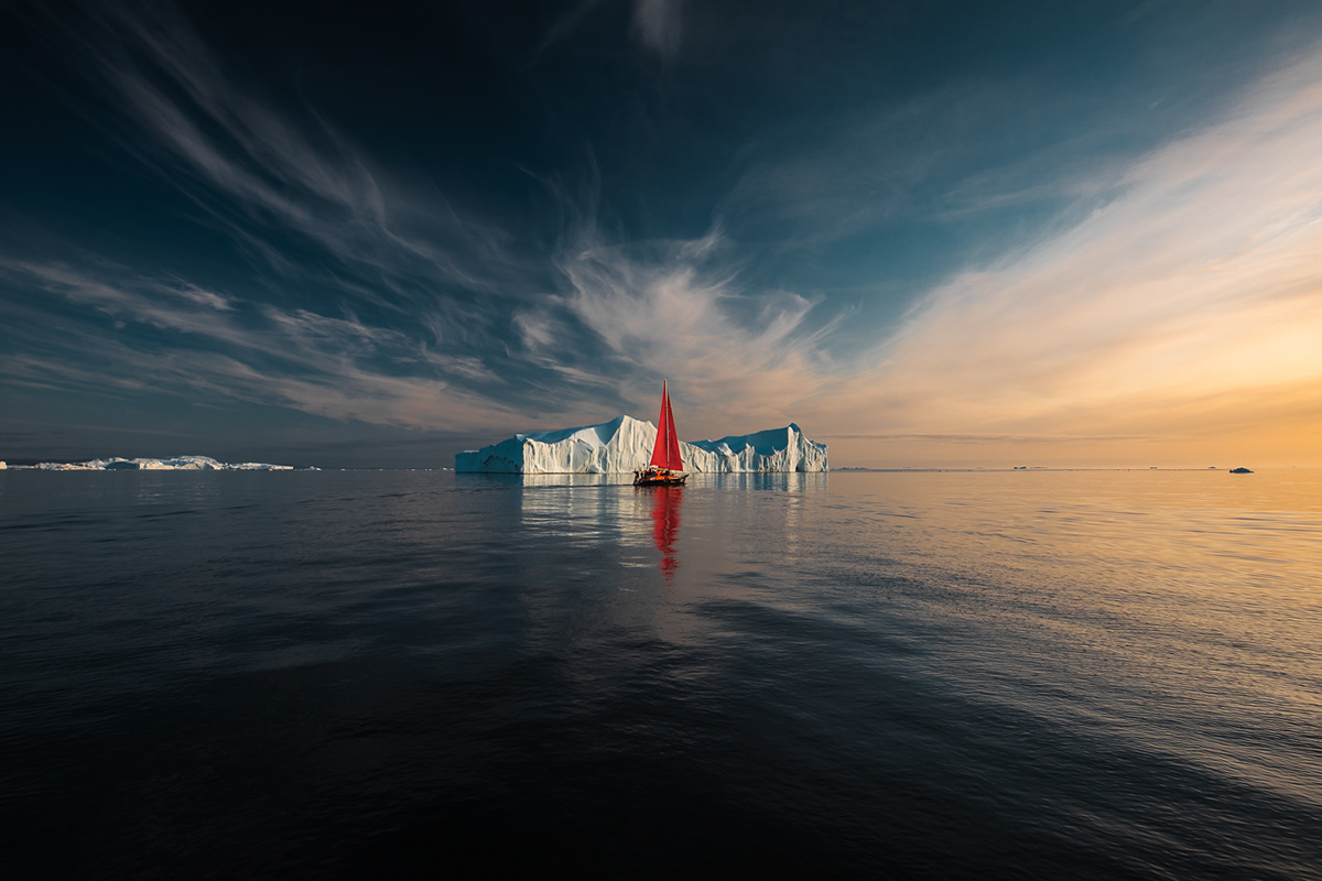 Greenland iceberg Arctic glacier adventure Ilulissat icefjord sailboat Aerial frozen
