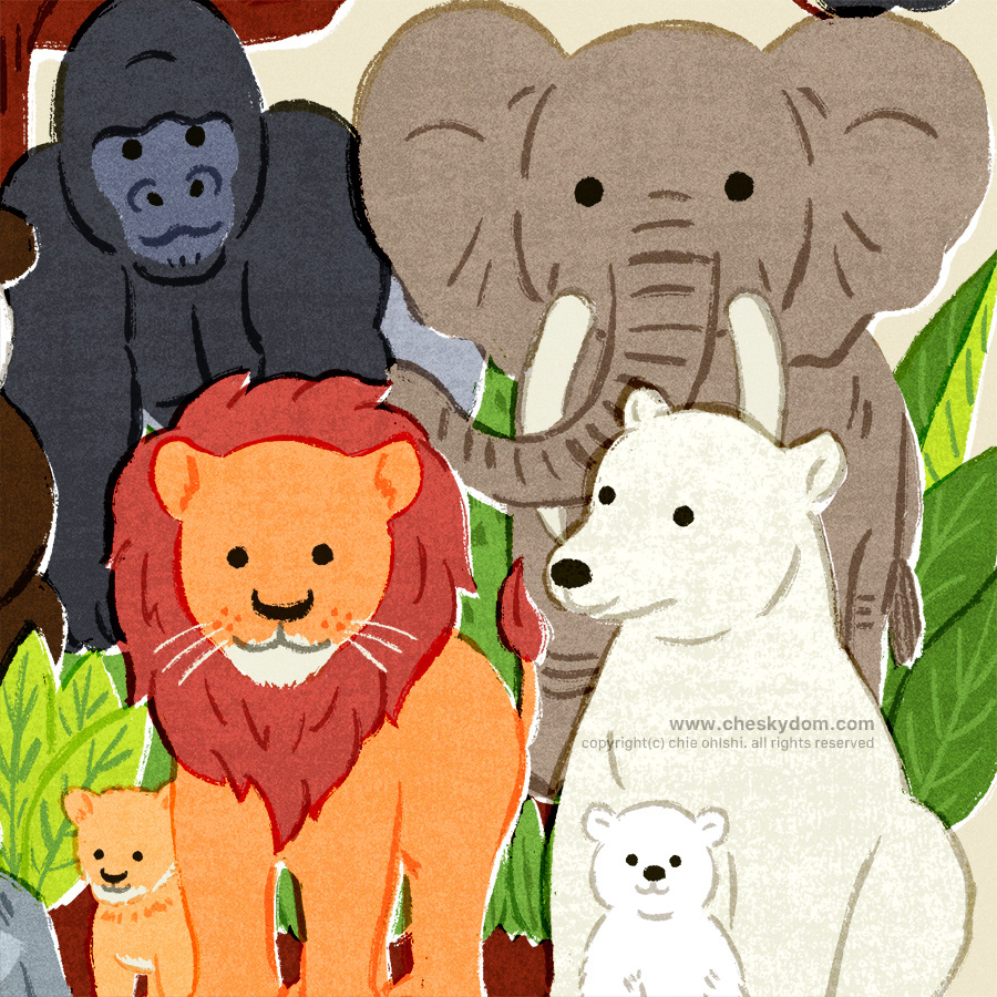 illustration of lions, polar bears, an elephant, and a gorilla