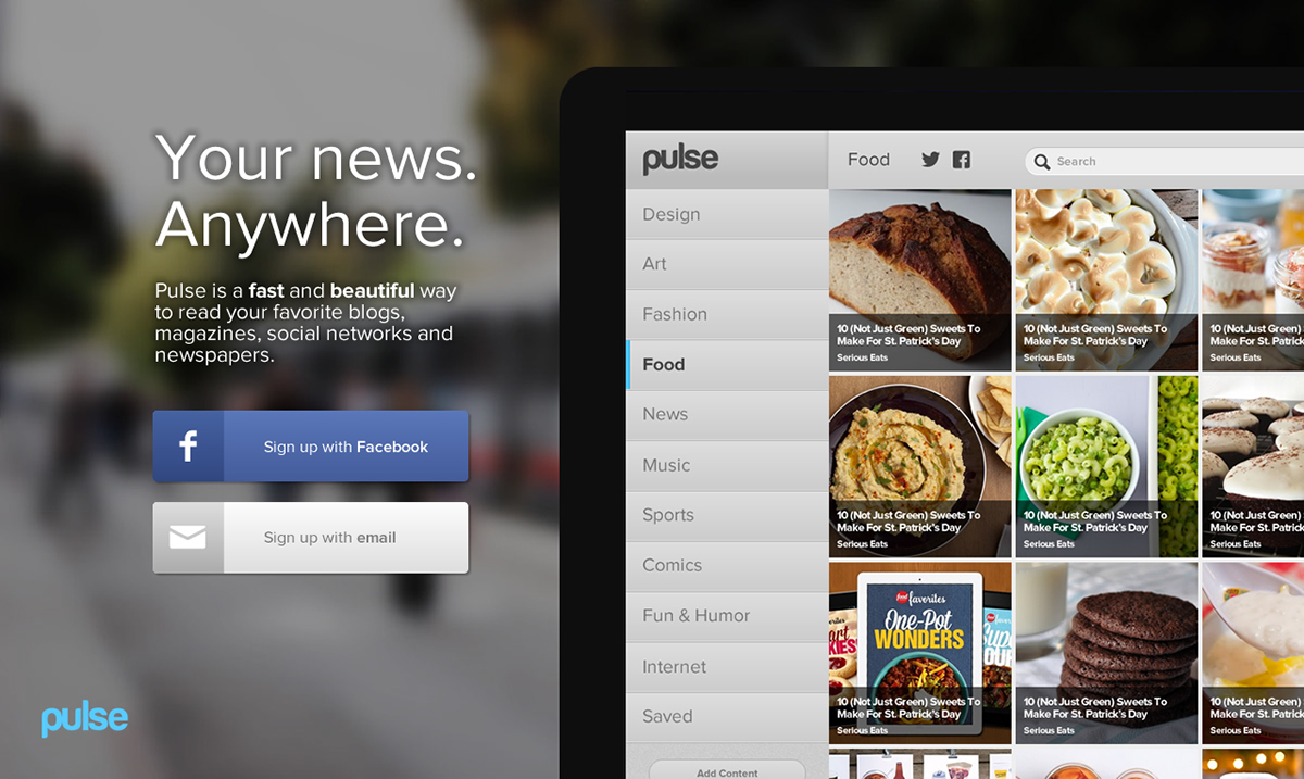 pulse user interface design Web user experience news page design Food  magazine online magazine grey