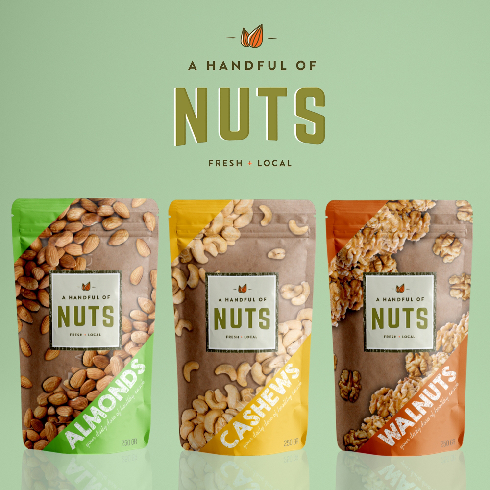 Packaging design product nuts almonds cashews walnuts stanup pouch fresh modern