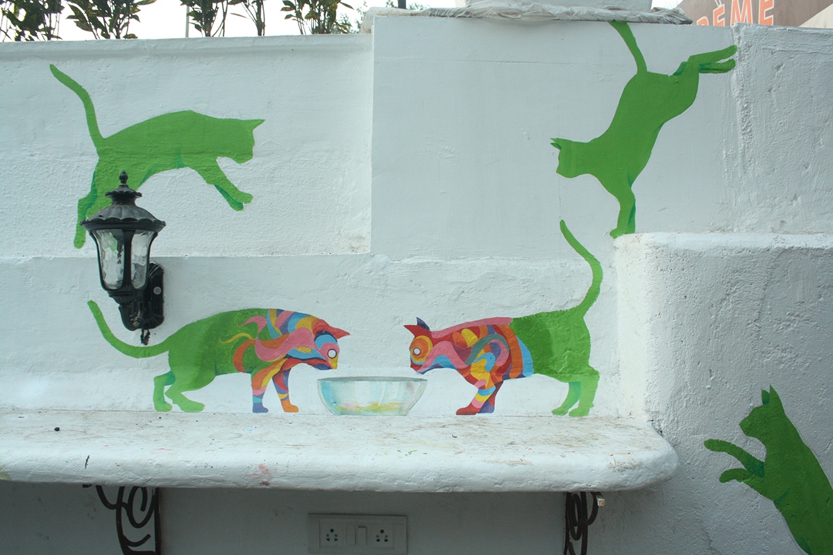 the house pub colors rainbow rain deer cats wallpainting cheers beer MUMBAI versova India urban wallart party pop