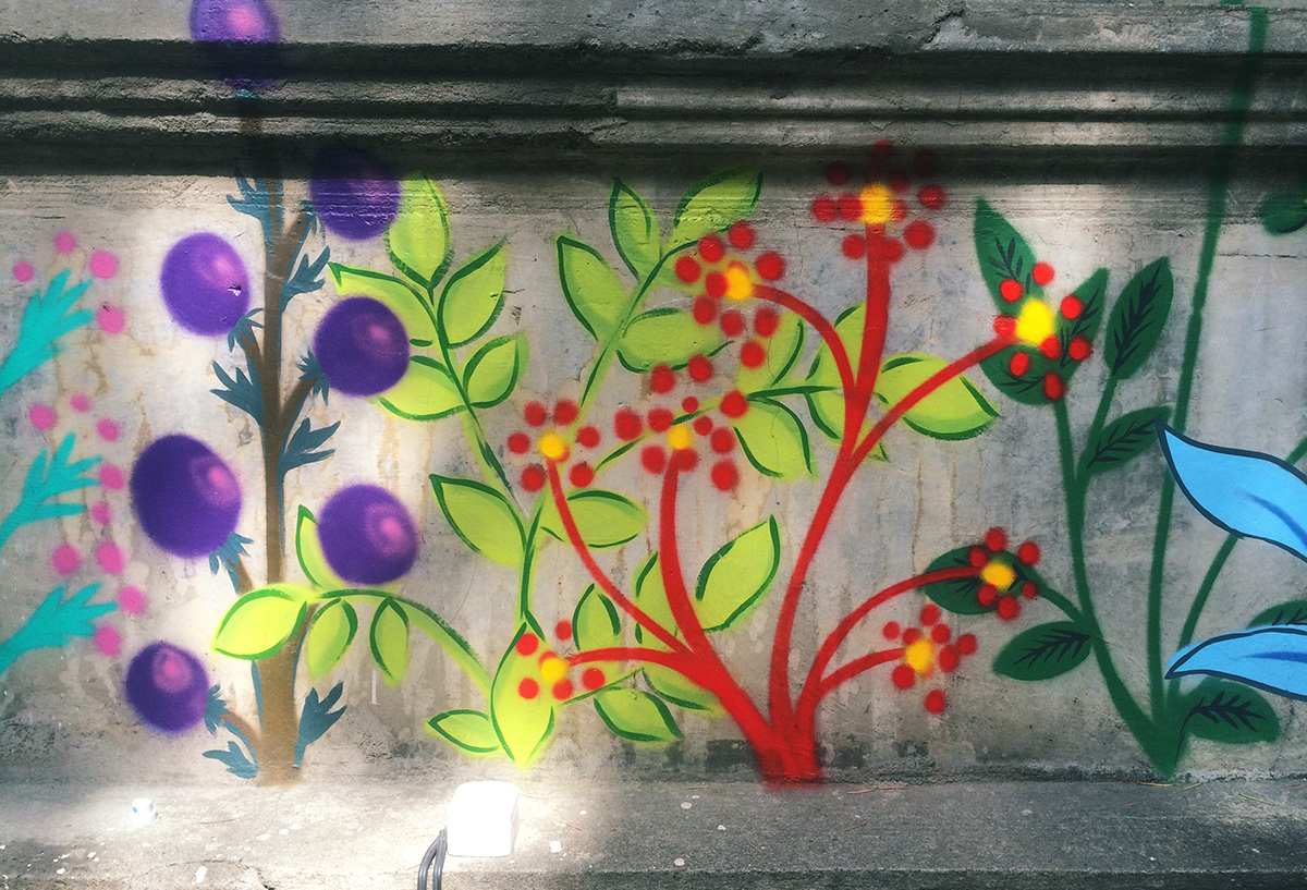 cafe frontline laboratorium wall wallpainting Flowers colors summer spring bar extreriour design decor