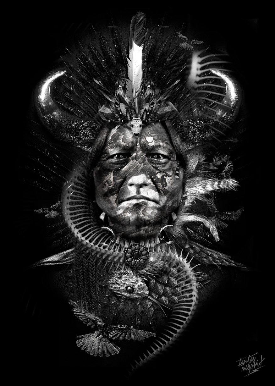 Sitting Bull fantastic shaman dark indian skull bull black White spirit
