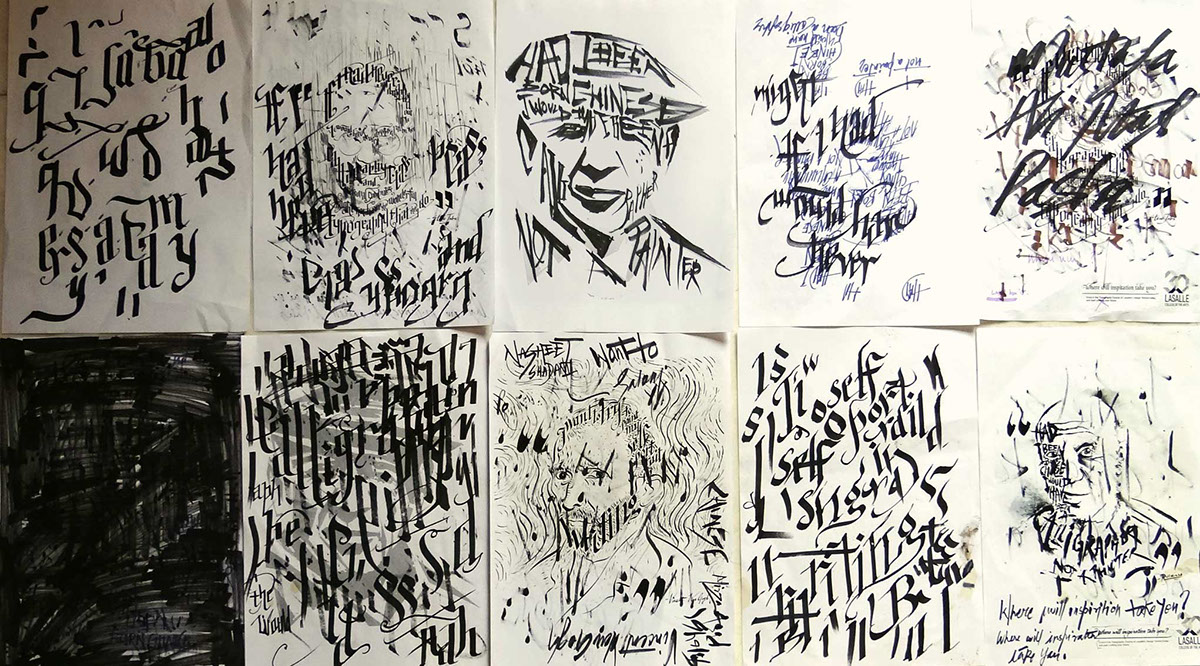 calligraphy portraits Picasso van gogh Steve Jobs lasalle college of arts masters of art Typography faces portraits black and white lasalle college of art nasheet typography portrait Sunny